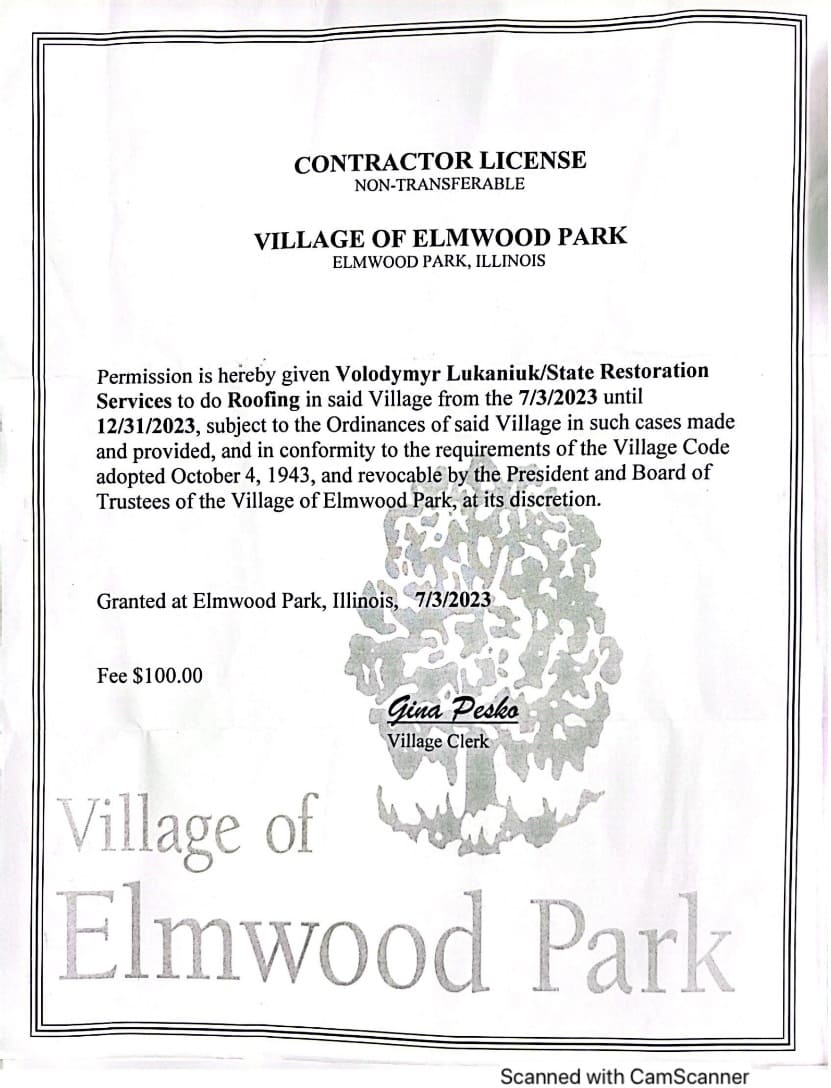 General Contractors License Village of Elmwood Park  - State Restoration Services